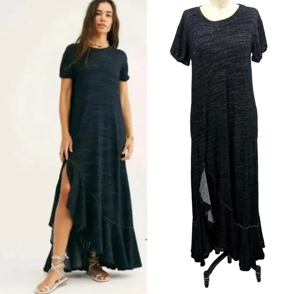 Free People Havana Tee Maxi‎ Dress Charcoal Gray Black Size XS